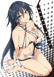  barefoot bikini black_hair blush breasts character_name criss-cross_halter feet female grey_eyes halterneck hida_reiri highres hisasi knees_together_feet_apart long_hair masou_gakuen_hxh novel_illustration official_art smile soles solo swimsuit toes tsurime very_long_hair white_bikini 