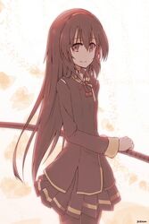  brown_hair commentary_request female hairband highres katana long_hair no_nose original pantyhose skirt smile solo sword weapon yoikawa_kanae yutamaro 