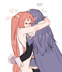  2girls blue_hair clothed_female_nude_female dashingicecream fire_emblem fire_emblem:_kakusei hug lowres lucina multiple_girls nintendo red_hair serena_(fire_emblem) yuri 