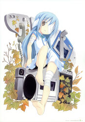  absurdres artbook bandage_over_one_eye bandages barefoot blue_hair boombox brown_eyes cassette_player corded_phone dress feet female flat_chest flower_(kowarekake) full_body headphones highres kowarekake_no_orgel leaf long_hair non-web_source phone pop_(electromagneticwave) short_dress short_sleeves simple_background sitting solo white_background 