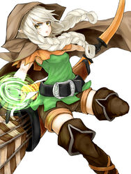  arrow_(projectile) azure_luna belt blonde_hair boots bow_(weapon) braid breasts brown_eyes brown_footwear brown_thighhighs cloak commentary_request dragon&#039;s_crown elf elf_(dragon&#039;s_crown) female gloves highres hood leather leather_boots long_hair pointy_ears shorts small_breasts solo thigh_boots thighhighs twin_braids weapon 