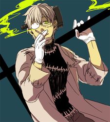  1boy bad_id bad_pixiv_id cigarette commentary_request franken_stein_(soul_eater) glasses green_eyes ha.skr_(hasukara) lab_coat looking_at_viewer male_focus object_through_head screw_in_head solo soul_eater stitches 