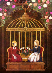  2girls ado002 axis_powers_hetalia bad_id bad_pixiv_id belarus_(hetalia) birdcage blonde_hair bow brown_eyes cage chair commentary_request cup green_eyes hair_ribbon hairbow liechtenstein_(hetalia) long_hair multiple_girls ribbon short_hair sitting teacup 