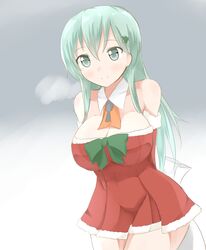  alternate_costume aqua_eyes aqua_hair ascot breasts breath christmas cleavage commentary_request dress female hair_ornament hairclip kantai_collection large_breasts long_hair nepty_(silkey_vod) sack santa_costume solo suzuya_(kancolle) 