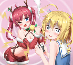  &gt;_o 2girls :d @_@ absurdres ahoge antlers azur_lane bad_singing bell blonde_hair blue_eyes blue_shirt blush camera choker commentary_request criss-cross_halter fake_antlers fur-trimmed_skirt fur_trim green_choker gridley_(azur_lane) hair_between_eyes halterneck head_tilt highres holding holding_camera horns lightning_bolt_symbol long_hair looking_at_another looking_to_the_side midriff miniskirt multiple_girls navel nedia_(nedia_region) oerba_yun_fang official_alternate_costume one_eye_closed open_mouth red_hair red_skirt reindeer_antlers ringlets sailor_collar sailor_shirt saliva san_diego_(azur_lane) san_diego_(sandy_claus)_(azur_lane) shirt skirt sleeveless sleeveless_shirt smile smoke strapless tube_top twintails two_side_up v-shaped_eyebrows white_sailor_collar 