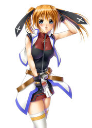  ayato bad_id bad_pixiv_id belt belt_buckle blue_eyes buckle cropped_vest cross_mirage female gloves gun hand_on_own_head highres long_hair lyrical_nanoha magical_girl mahou_shoujo_lyrical_nanoha_strikers open_clothes open_vest orange_hair photoshop_(medium) short_twintails solo teana_lanster thighhighs trigger_discipline twintails vest weapon 