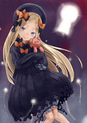  abigail_williams_(fate) black_bow black_dress black_hat blonde_hair bloomers blue_eyes bow bug butterfly closed_mouth commentary_request doonatsu. dress fate/grand_order fate_(series) female forehead hairbow hat head_tilt highres hugging_object keyhole long_hair long_sleeves looking_at_viewer orange_bow parted_bangs polka_dot polka_dot_bow sleeves_past_wrists smile solo stuffed_animal stuffed_toy teddy_bear underwear very_long_hair white_bloomers 