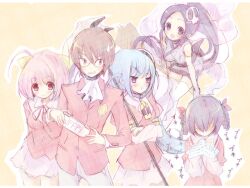  1boy 4girls ascot ayukawa_tenri blue_hair blush bow brown_hair commentary_request crossed_arms elbow_gloves elysia_de_lute_ima glasses gloves hair_ornament hairbow hairclip haqua_d&#039;rot_herminium kami_nomi_zo_shiru_sekai katsuragi_keima long_hair multiple_girls nakagawa_kanon photoshop_(medium) pink_eyes pink_hair pipipi32 ponytail pout purple_hair school_uniform short_hair skirt skull smile sweat thighhighs very_long_hair white_gloves white_legwear 