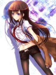  belt black_shorts brown_hair commentary_request crop_top female front-tie_top jacket long_hair makise_kurisu midriff navel necktie nishijou_myu pantyhose pantyhose_under_shorts purple_eyes red_necktie shirt short_shorts shorts solo steins;gate tied_shirt 