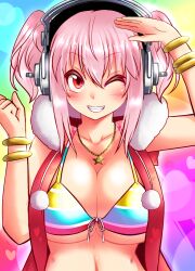  bikini blush bracelet breasts cleavage commentary_request female front-tie_top grin headphones jewelry large_breasts looking_at_viewer midriff navel necklace nitroplus one_eye_closed orange_eyes pendant pink_hair roki_(hirokix) salute shiny_skin smile solo super_sonico swimsuit twintails underboob 