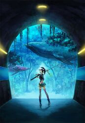  animal aquarium_tunnel black_hair commentary_request female fish fishing_rod fluorescent_lamp from_behind holding holding_fishing_rod looking_back original oropi photoshop_(medium) ponytail shorts solo thighhighs tree tunnel visor_cap watch whale wristwatch 