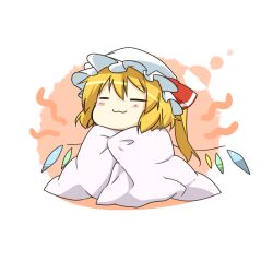  :3 =_= aura bad_id bad_pixiv_id blanket blonde_hair blush_stickers chibi eiri_(eirri) female flandre_scarlet hat side_ponytail simple_background solo touhou warming white_background wings 