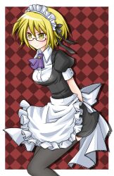  apron bad_id bad_pixiv_id black_thighhighs blonde_hair blush dress female glasses hair_ribbon maid maid_headdress original ribbon solo sweatdrop syno thighhighs yellow_eyes 