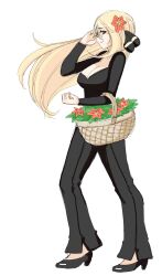  basket bell-bottoms blonde_hair breasts cleavage colorized cynthia_(pokemon) female flower full_body hair_flower hair_ornament hand_in_own_hair high_heels highres kekekeke large_breasts long_hair pants pokemon pokemon_dppt shoes simple_background solo standing white_background 