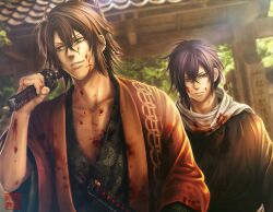  2boys architecture asa_no_ha_(pattern) bad_id bad_pixiv_id blood blood_on_clothes blood_on_face blood_splatter brown_hair commentary_request east_asian_architecture hakuouki_shinsengumi_kitan japanese_clothes katana male_focus multiple_boys okita_souji_(hakuouki) photoshop_(medium) pretty270405 purple_hair saitou_hajime_(hakuouki) sheath sword weapon 