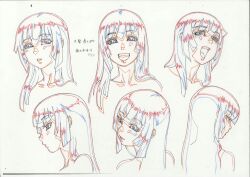  1boy androgynous animation_paper bare_shoulders collarbone color_trace long_hair male_focus multiple_views natsuki_(natsuyasumi.) natsuyasumi. official_art open_mouth otoko_no_ko production_art reference_sheet translation_request 