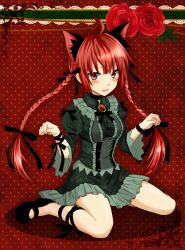  animal_ears bad_id bad_pixiv_id blush braid brooch cat_ears colorized commentary_request dress extra_ears female flower frills hair_ribbon highres jellylily jewelry kaenbyou_rin kikugetsu oerba_yun_fang open_mouth paw_pose red_eyes red_hair ribbon rose sitting solo touhou twin_braids wariza 