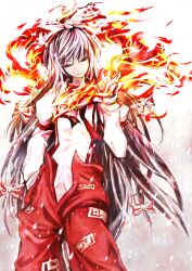  arm_up bow commentary_request female fire fujiwara_no_mokou grey_hair hair_ribbon hairbow hand_in_pocket highres long_hair ofuda open_pants painfultree pants red_eyes ribbon shirt solo suspenders touhou 