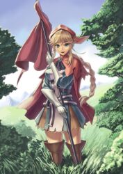  armor armored_dress blonde_hair boots braid cape commentary_request cuboon day female flag gauntlets grand_knights_history green_eyes lisha_stalake photoshop_(medium) ponytail skirt sky solo thigh_boots thighhighs tree 