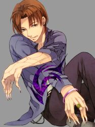  1boy :q bad_anatomy belt blue_jacket brown_hair claws command_spell commentary_request curtained_hair extra_digits fate/zero fate_(series) fingernails fusion gilles_de_rais_(caster)_(fate) jacket jewelry licking_lips long_fingernails male_focus nishi_juuji orange_hair purple_jacket ring simple_background solo tongue tongue_out uryuu_ryuunosuke 