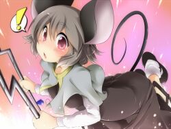  ! aki_(akikaze_asparagus) animal_ears capelet commentary_request dowsing_rod dress eyebrows female floating grey_dress grey_hair jewelry looking_at_viewer mouse_ears mouse_tail nazrin open_mouth pendant pink_eyes red_eyes short_hair solo tail touhou 