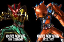  2boys belt claws commentary_request crossover kamen_rider kamen_rider_fourze kamen_rider_fourze_(series) kamen_rider_ooo kamen_rider_ooo_(series) multiple_boys rocket sukekiyo56 typo 