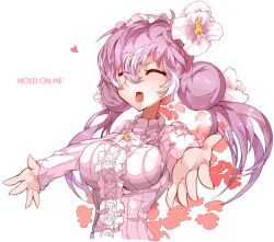  :d bad_id bad_pixiv_id breasts closed_eyes double_bun english_text female flower hair_bun hair_flower hair_ornament himuro_shunsuke large_breasts open_mouth original outstretched_arms pink_shirt purple_hair shirt smile solo twintails 