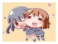  2girls =_= black_hair brown_eyes brown_hair chibi commentary_request gerotan hirasawa_yui hug k-on! long_hair multiple_girls nakano_azusa one_eye_closed pantyhose sakuragaoka_high_school_uniform school_uniform short_hair twintails 