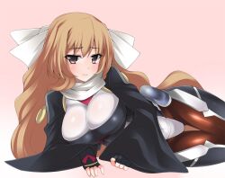  aoi_kimi blush breasts brown_hair brown_pantyhose commentary_request female fingerless_gloves gloves hair_ribbon hevn kyoukaisenjou_no_horizon large_breasts long_hair looking_at_viewer lying on_side pantyhose photoshop_(medium) ribbon solo 