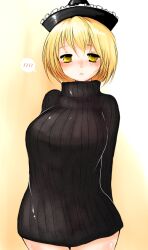  alternate_costume arms_behind_back blonde_hair blush bottomless breasts commentary_request female han_(jackpot) hat large_breasts lunasa_prismriver naked_sweater no_pants ribbed_sweater short_hair simple_background solo spoken_blush sweater touhou upper_body yellow_eyes 