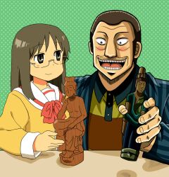  1boy bad_id bad_pixiv_id black_eyes black_hair blush bow buddha crossover facial_hair female glasses hankafumisage hankashii kaiji maguronnbiba maitreya minakami_mai moustache nichijou open_mouth parody sakazaki_koutarou school_uniform smile statue striped tokisadame_school_uniform 