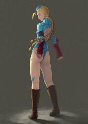  beret blonde_hair blue_leotard boots braid cammy_white commentary_request female fingerless_gloves gloves hat highres korosuke1 leotard long_hair looking_back partial_commentary sleeved_leotard solo street_fighter street_fighter_zero_(series) twin_braids 