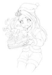  banned_artist bunny cake food fur_trim greyscale hat idolmaster idolmaster_(classic) line_art long_hair minase_iori monochrome nigiriushi oerba_yun_fang santa_hat 