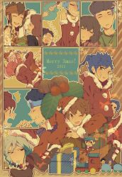  6+boys afuro_terumi bad_id bad_pixiv_id brown_hair christmas commentary_request eating endou_mamoru female food gift gouenji_shuuya hat inazuma_eleven_(series) inazuma_eleven_go kageyama_hikaru kirino_ranmaru kurama_norihito kurumada_gouichi locomotive matsukaze_tenma minamisawa_atsushi multiple_boys ninahachi nishizono_shinsuke raimon_natsumi sangoku_taichi santa_costume santa_hat shindou_takuto steam_locomotive toy train tsurugi_kyousuke tsurugi_yuuichi 