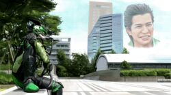  1boy alternate_form black_hair building cityscape kamen_rider kamen_rider_ooo_(series) male_focus multiple_views oekaki outdoors photorealistic projected_inset realistic sitting smile teeth tree uva 