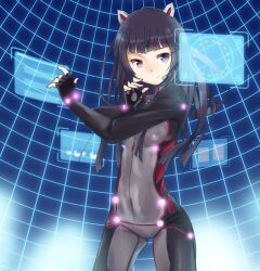  animal_ears bad_id bad_pixiv_id black_eyes black_hair blunt_bangs bodysuit female fingerless_gloves gloves glowing grid guilty_crown hairband long_hair masamuuu photoshop_(medium) smirk solo tsugumi_(guilty_crown) 