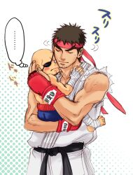  ... 2boys bald bandage belt blush brown_hair capcom dougi eyebrows eyepatch f-15jrs feet fingerless_gloves gloves headband hug male_focus multiple_boys muscle no_pupils polka_dot polka_dot_background ryu ryuu_(street_fighter) sagat size_difference street_fighter sweatdrop thick_eyebrows translation_request what 