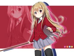  aisaka_taiga bad_id bad_pixiv_id bokken brown_hair female long_hair masamuuu oohashi_high_school_uniform photoshop_(medium) purple_eyes school_uniform solo sword thighhighs toradora! weapon wooden_sword 