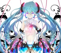  belt black_gloves blue_hair commentary_request elbow_gloves female gloves glowing grey_panties hair_ornament hatsune_miku hatsune_miku_(append) long_hair midriff navel necktie ogipote panties purple_eyes shirt skirt solo twintails underwear vocaloid vocaloid_append 