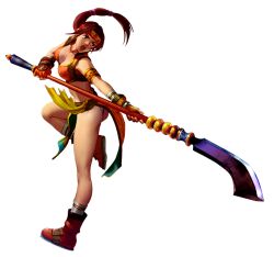  armlet ass bare_legs boots breasts brown_hair female fingerless_gloves glaive_(polearm) gloves headband kawano_takuji medium_breasts namco official_art panties photoshop_(medium) polearm ponytail seong_mi-na solo soulcalibur soulcalibur_ii standing standing_on_one_leg strapless tube_top underwear weapon 