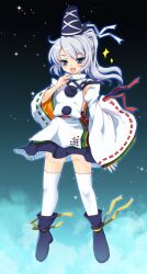  bad_id bad_pixiv_id blue_eyes detached_sleeves female grey_hair hat japanese_clothes kariginu kumao_mofumofu mononobe_no_futo open_mouth ponytail solo tate_eboshi thighhighs touhou white_thighhighs zettai_ryouiki 