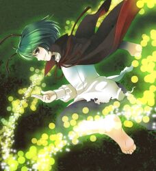  antennae barefoot brown_eyes cape commentary_request female green_hair lights pants shirt short_hair smirk socha solo torn_clothes torn_shirt touhou wriggle_nightbug 