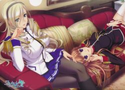  2girls absurdres blonde_hair blue_eyes boots breasts brown_hair celia_kumani_entory crossed_legs drill_hair epaulettes hair_spread_out hairband head_rest highres komori_kei large_breasts legs long_hair lying miniskirt multiple_girls noel_maresse_ascot pantyhose purple_eyes scan school_uniform sitting skirt smile thighhighs thighs very_long_hair walkure_romanze white_thighhighs 