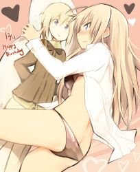  2girls birthday blonde_hair blue_eyes blush bra commentary_request dakimakura_(object) erica_hartmann hanna-justina_marseille happy_birthday heart hug lingerie long_hair military military_uniform multiple_girls open_clothes open_shirt panties pillow shirt short_hair strike_witches tsuchii_(ramakifrau) underwear uniform witches_of_africa world_witches_series 