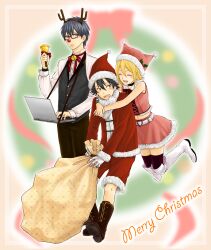  0530220 2boys bell belt black_hair blonde_hair blue_eyes blush boots brown_eyes christmas closed_eyes commentary_request computer female fujisaki_yuusuke gloves hat heart highres holding laptop merry_christmas midriff multiple_boys navel onizuka_hime open_mouth photoshop_(medium) polka_dot red_legwear sack santa_costume santa_hat short_hair shorts sket_dance skirt thighhighs usui_kazuyoshi 