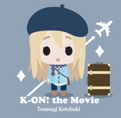  aircraft airplane argyle_clothes argyle_scarf arms_at_sides arrow_(symbol) artist_request bag beret blonde_hair character_name chibi copyright_name female flat_color hat imageboard_desourced k-on! k-on!_movie kotobuki_tsumugi long_hair non-web_source photoshop_(medium) scarf shoulder_bag simple_background solo standing suitcase thick_eyebrows travel winter_clothes 