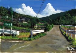  acrylic_paint_(medium) bad_id bad_pixiv_id building cloud day faux_traditional_media fence forest grass guard_rail house matsura_ichirou nature no_humans original outdoors painting_(medium) photoshop_(medium) power_lines real_world_location road road_sign rural scenery sign sky traditional_media tree 