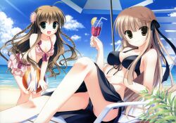  2girls :d bare_shoulders beach bikini black_bikini blue_sky braid breasts brown_eyes brown_hair chair cleavage cloud collarbone day duplicate flower frilled_bikini frills front-tie_top green_eyes hair_flower hair_ornament highres image_sample kanbe_kotori leaning_forward leg_up long_hair looking_at_viewer lounge_chair medium_breasts multiple_girls open_mouth outdoors parasol polka_dot polka_dot_bikini polka_dot_swimsuit reclining rewrite sarong senri_akane sky smile swimsuit umbrella water yandere_sample yukie_(peach_candy) 