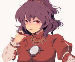  arm_up bad_id bad_pixiv_id cup dress female hair_ornament highres jewelry mirror mizukami_ryouma necklace purple_hair red_dress red_eyes sakazuki saucer shirt short_hair smirk solo touhou upper_body yasaka_kanako 