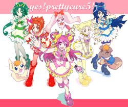  5girls :&lt; :d akimoto_komachi bike_shorts blonde_hair blue_eyes blue_hair blue_shorts boots brooch butterfly_brooch butterfly_hair_ornament chocolat_mable choker coco_(yes!_precure_5) commentary_request cone_hair_bun copyright_name creature cure_aqua cure_dream cure_lemonade cure_mint cure_rouge double_bun dress drill_hair earrings frills full_body gloves green_eyes green_hair group_picture hair_bun hair_ornament hair_rings hand_on_own_hip happy high_ponytail jewelry kasugano_urara_(yes!_precure_5) long_hair magical_girl midriff milk_(yes!_precure_5) minazuki_karen multiple_girls natsuki_rin navel nuts_(yes!_precure_5) open_mouth outstretched_hand pantyhose pink_eyes pink_hair ponytail precure red_eyes red_hair red_shorts shoes short_hair shorts shorts_under_skirt skirt smile standing standing_on_one_leg twin_drills twintails v_arms wide_ponytail yellow_eyes yellow_legwear yellow_skirt yes!_precure_5 yumehara_nozomi 